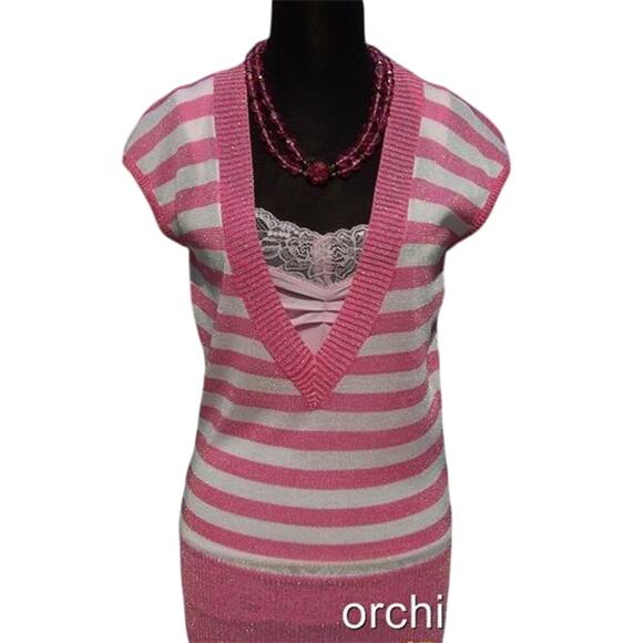 Cache Plunging V Neck Pink White Metallic Knit Top New Size S/M Stretch $88 NWT - Picture 6 of 6